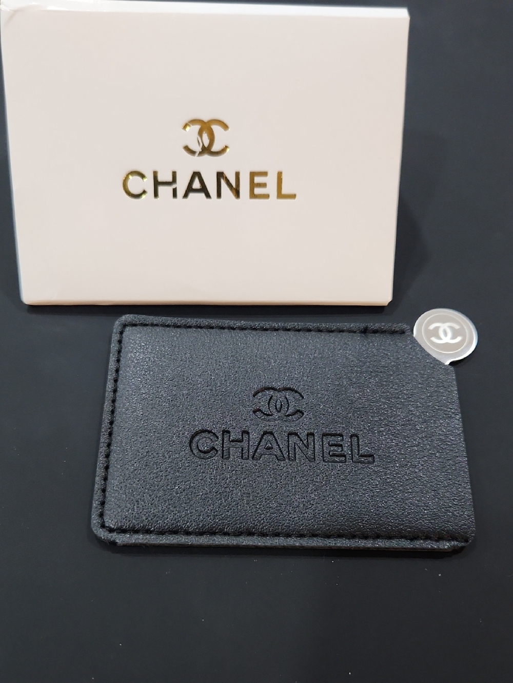 CHANEL Black Embossed Leather Card & Key Holder